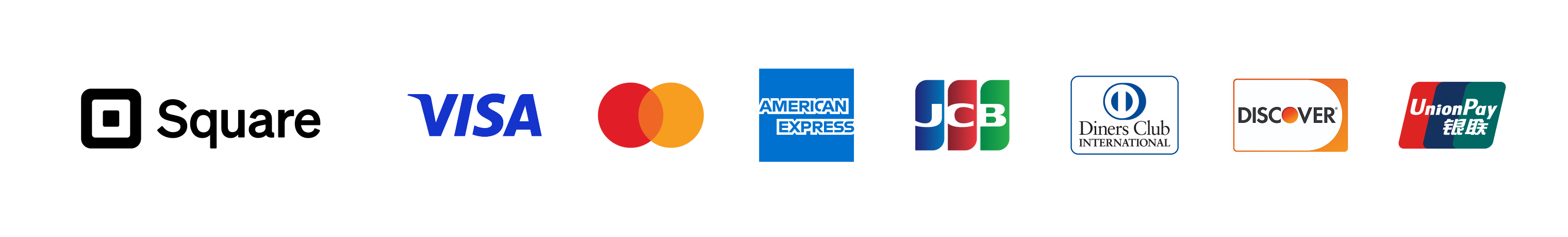 対応カードブランド：Visa、Mastercard、American Express、JCB、Diners Club、Discover、UnionPay